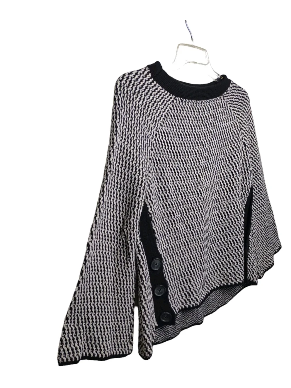 LOFT Black & White Textured Flare Sleeve Sweater with Side Button Panels